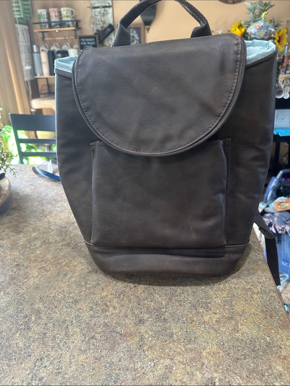thirty-one Black Faux Leather Backpack with Light Blue Lining